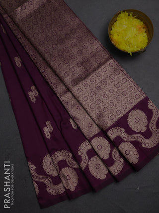 Semi soft silk saree deep purple with allover zari woven buttas and zari woven butta border
