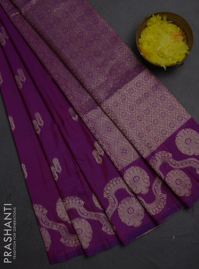 Semi soft silk saree purple with allover zari woven buttas and zari woven butta border