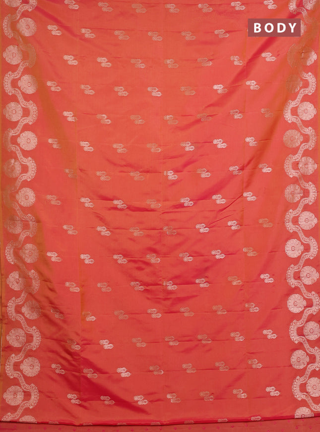 Semi soft silk saree sunset orange with allover zari woven buttas and zari woven butta border