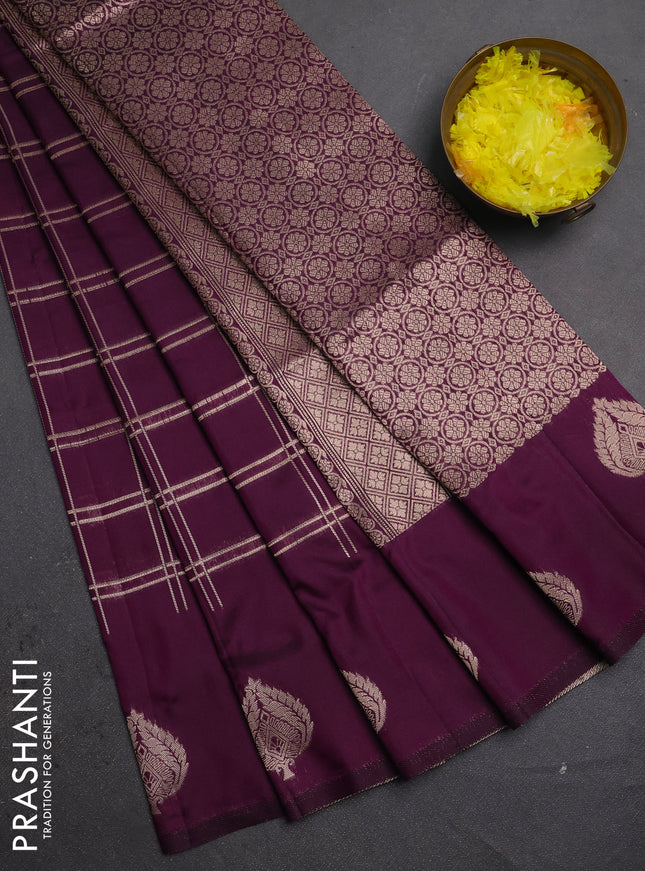 Semi soft silk saree deep purple with allover zari woven checked pattern and zari woven butta border
