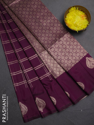 Semi soft silk saree deep purple with allover zari woven checked pattern and zari woven butta border