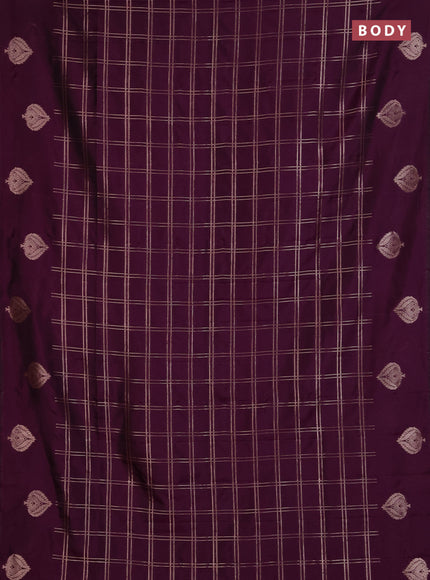 Semi soft silk saree deep purple with allover zari woven checked pattern and zari woven butta border
