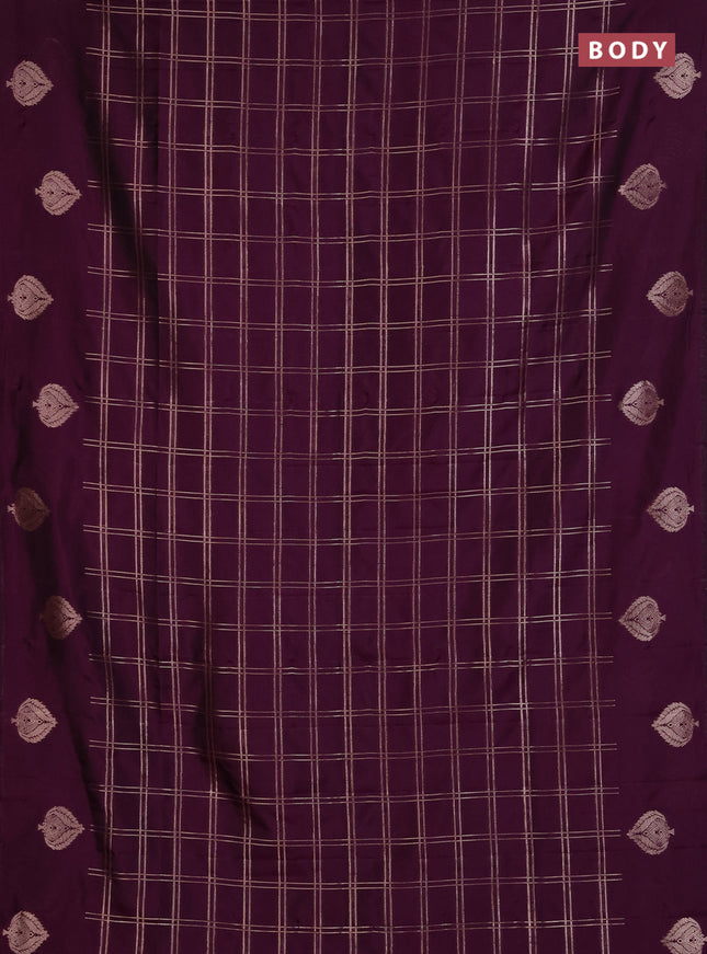 Semi soft silk saree deep purple with allover zari woven checked pattern and zari woven butta border