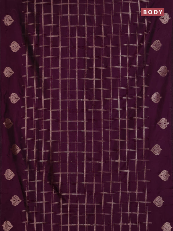 Semi soft silk saree deep purple with allover zari woven checked pattern and zari woven butta border