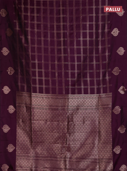 Semi soft silk saree deep purple with allover zari woven checked pattern and zari woven butta border