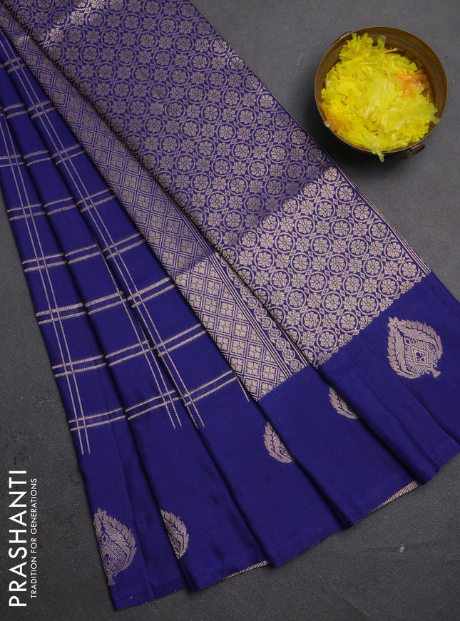 Semi soft silk saree navy blue with allover zari woven checked pattern and zari woven butta border