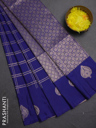 Semi soft silk saree navy blue with allover zari woven checked pattern and zari woven butta border