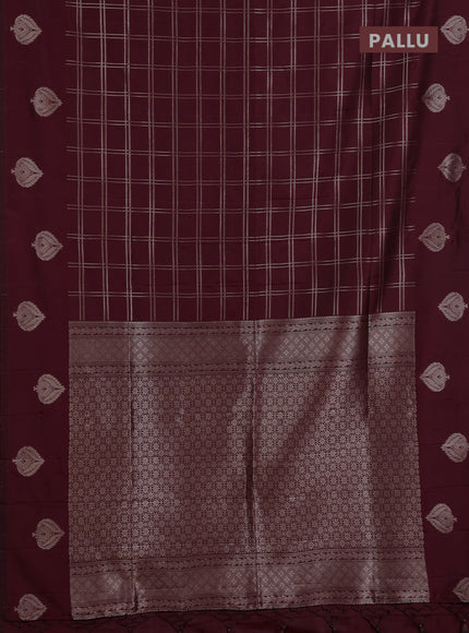 Semi soft silk saree maroon with allover zari woven checked pattern and zari woven butta border