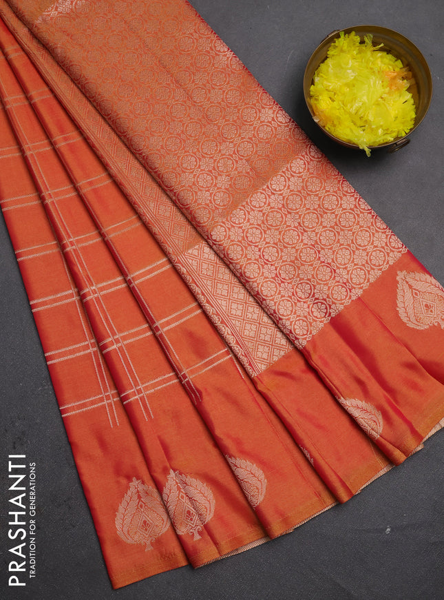 Semi soft silk saree sunset orange with allover zari woven checked pattern and zari woven butta border