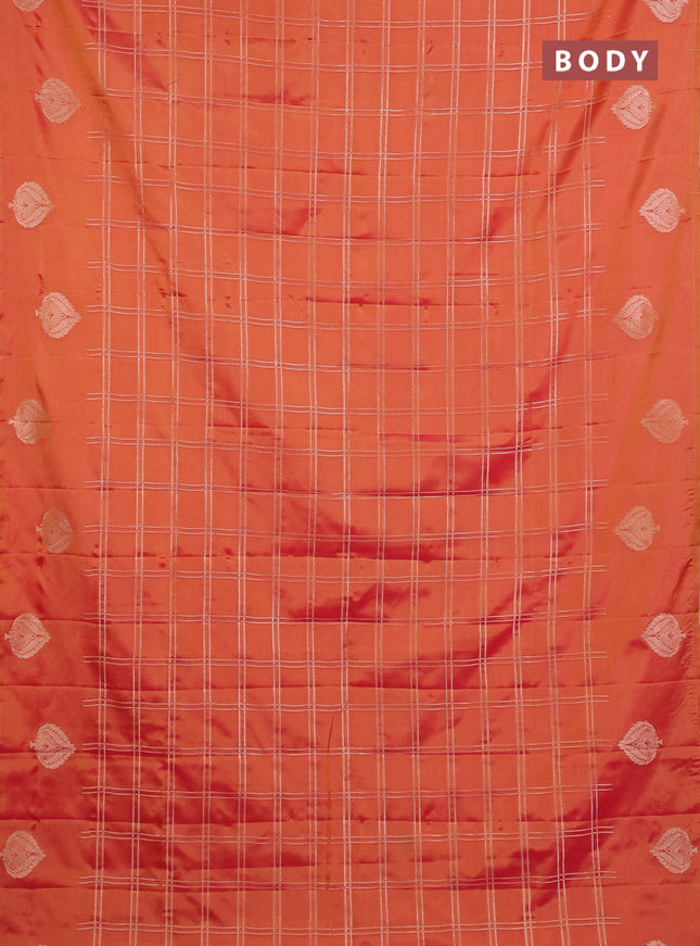 Semi soft silk saree sunset orange with allover zari woven checked pattern and zari woven butta border
