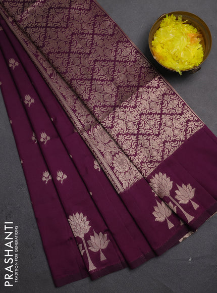 Semi soft silk saree deep purple with allover zari woven buttas and zari woven butta border