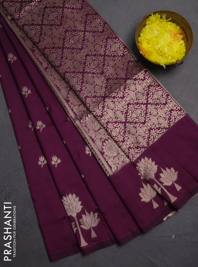 Semi soft silk saree deep purple with allover zari woven buttas and zari woven butta border