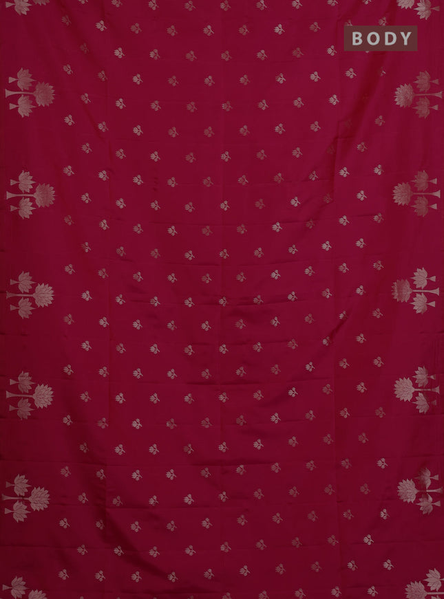 Semi soft silk saree tomato pink with allover zari woven buttas and zari woven butta border