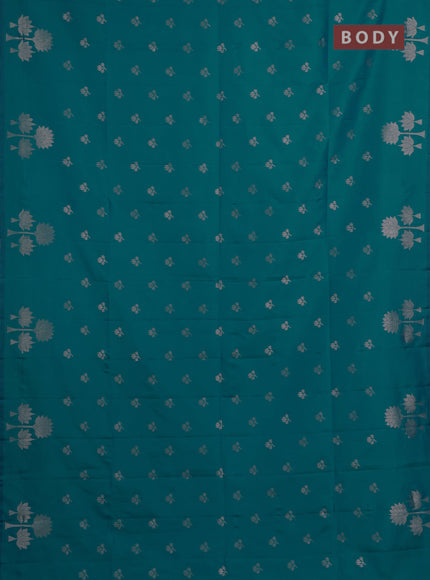 Semi soft silk saree teal blue with allover zari woven buttas and zari woven butta border