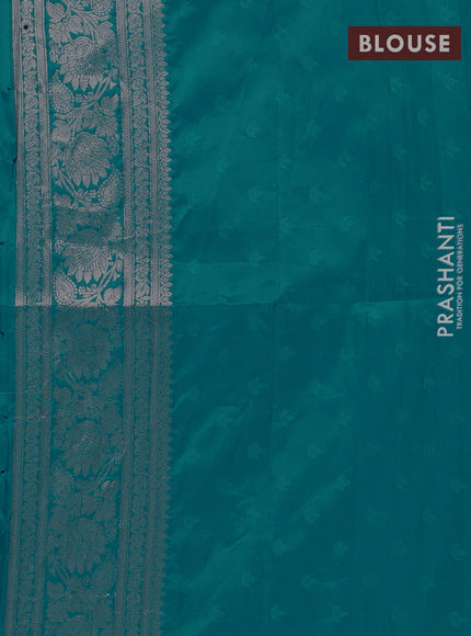 Semi soft silk saree teal blue with allover zari woven buttas and zari woven butta border