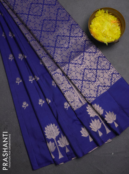 Semi soft silk saree navy blue with allover zari woven buttas and zari woven butta border