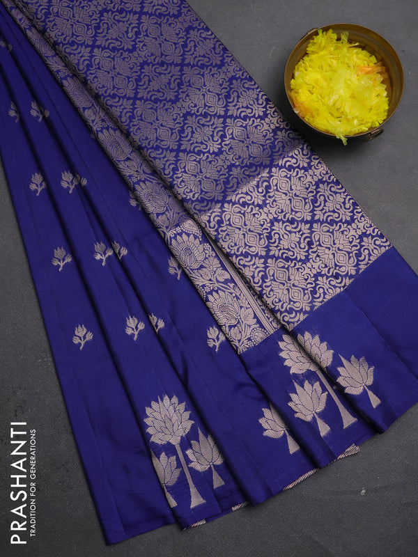 Semi soft silk saree navy blue with allover zari woven buttas and zari woven butta border