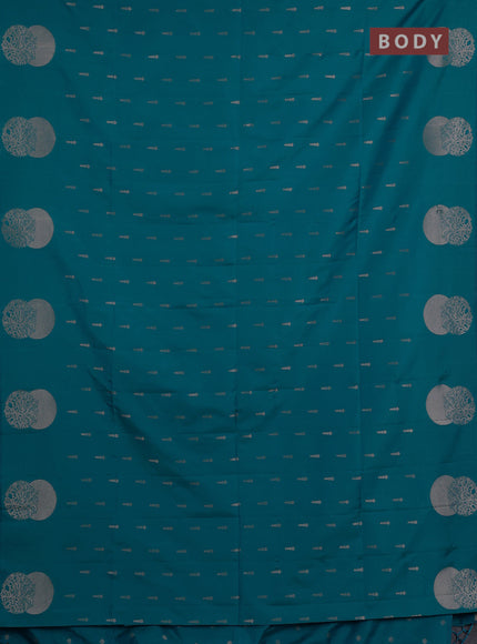 Semi soft silk saree teal blue with allover zari woven buttas and zari woven butta border