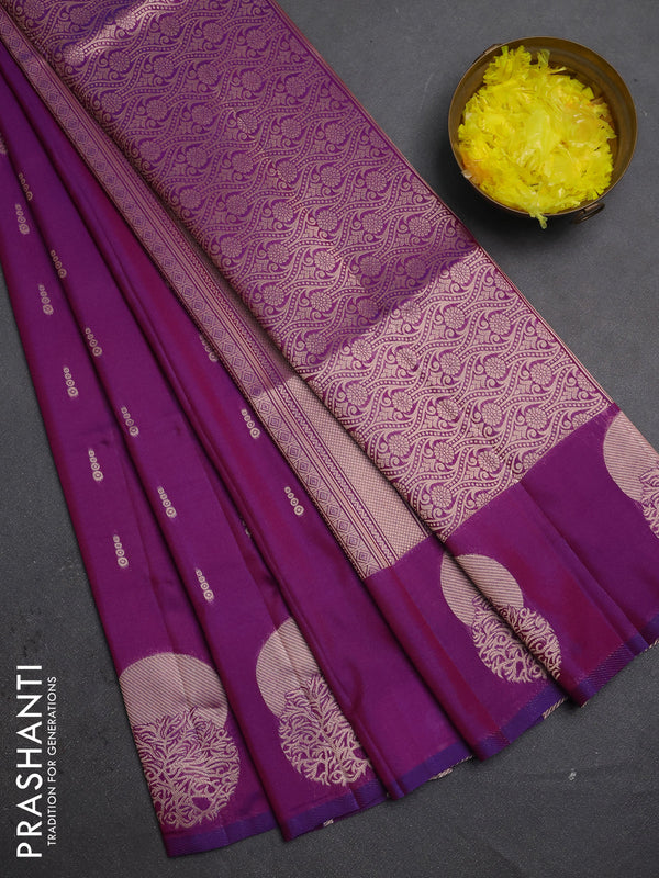 Semi soft silk saree purple with allover zari woven buttas and zari woven butta border