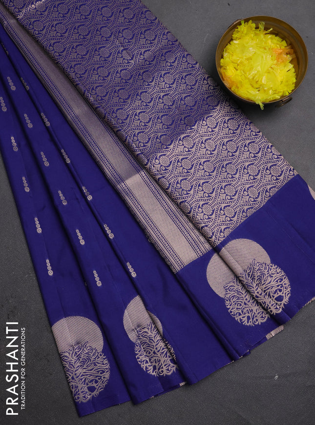 Semi soft silk saree navy blue with allover zari woven buttas and zari woven butta border
