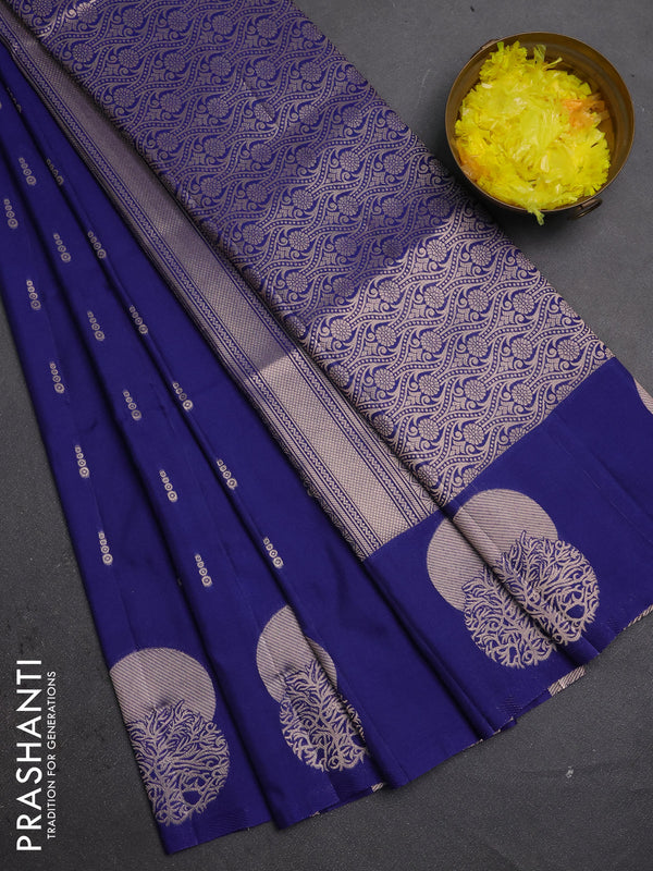 Semi soft silk saree navy blue with allover zari woven buttas and zari woven butta border