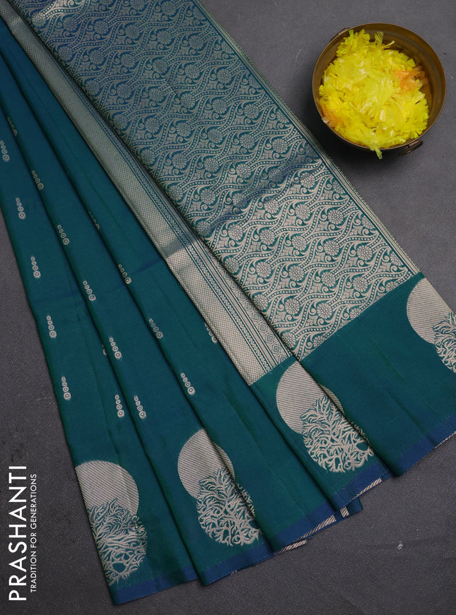 Semi soft silk saree peacock green with allover zari woven buttas and zari woven butta border