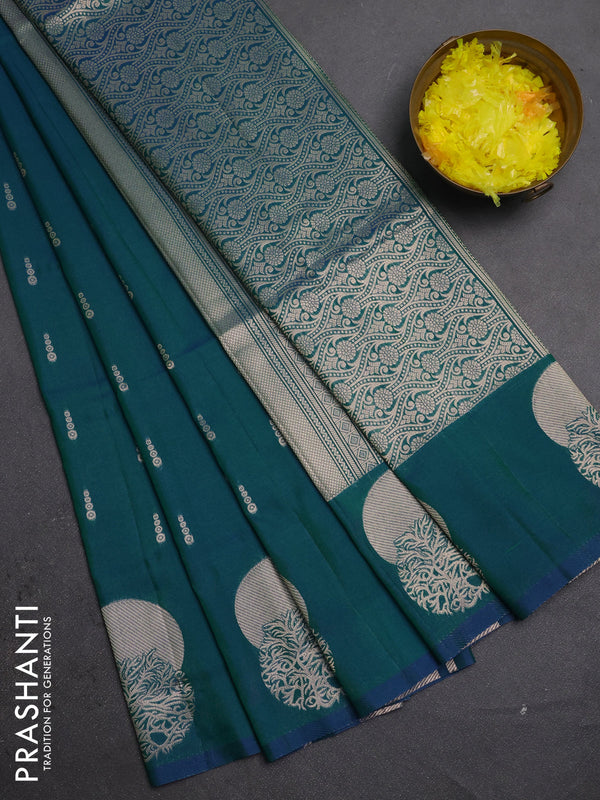 Semi soft silk saree peacock green with allover zari woven buttas and zari woven butta border