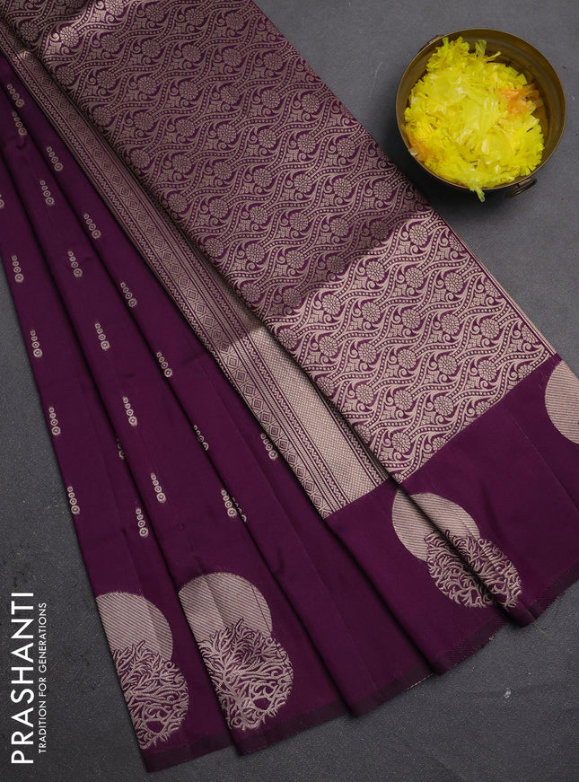 Semi soft silk saree deep purple with allover zari woven buttas and zari woven butta border