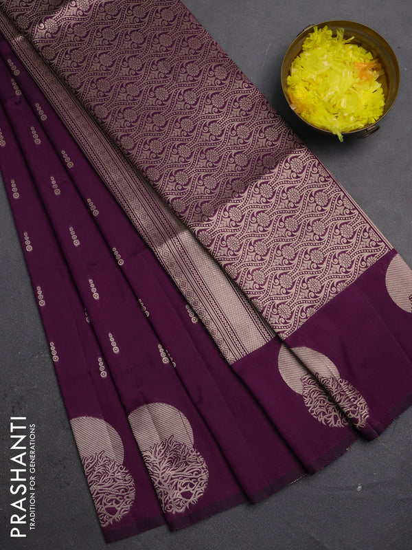 Semi soft silk saree deep purple with allover zari woven buttas and zari woven butta border