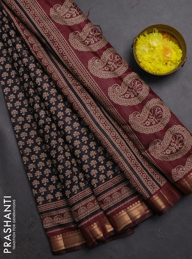 Semi maheshwari cotton saree black and wine shade with allover butta prints and zari woven border