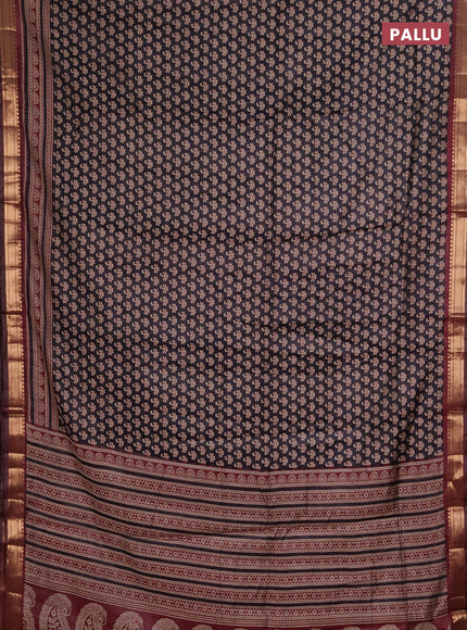 Semi maheshwari cotton saree black and wine shade with allover butta prints and zari woven border