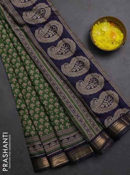 Semi maheshwari cotton saree green and black with allover butta prints and zari woven border