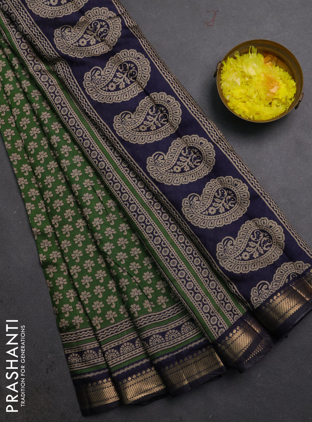 Semi maheshwari cotton saree green and black with allover butta prints and zari woven border