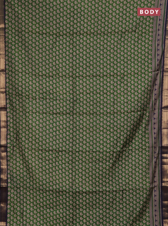 Semi maheshwari cotton saree green and black with allover butta prints and zari woven border