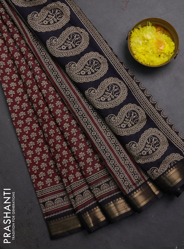 Semi maheshwari cotton saree wine shade and black with allover butta prints and zari woven border