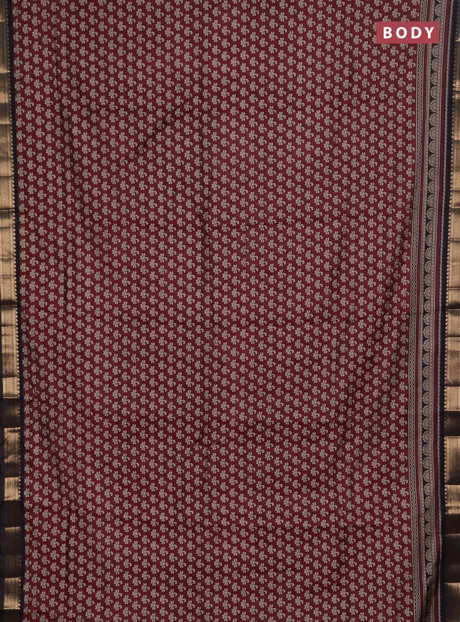 Semi maheshwari cotton saree wine shade and black with allover butta prints and zari woven border