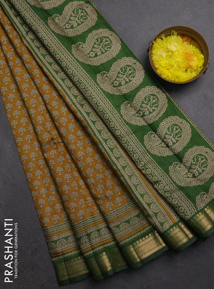 Semi maheshwari cotton saree mustard yellow and green with allover butta prints and zari woven border