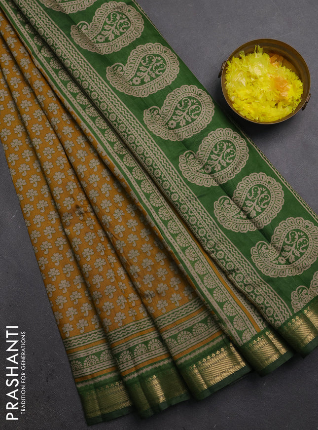 Semi maheshwari cotton saree mustard yellow and green with allover butta prints and zari woven border