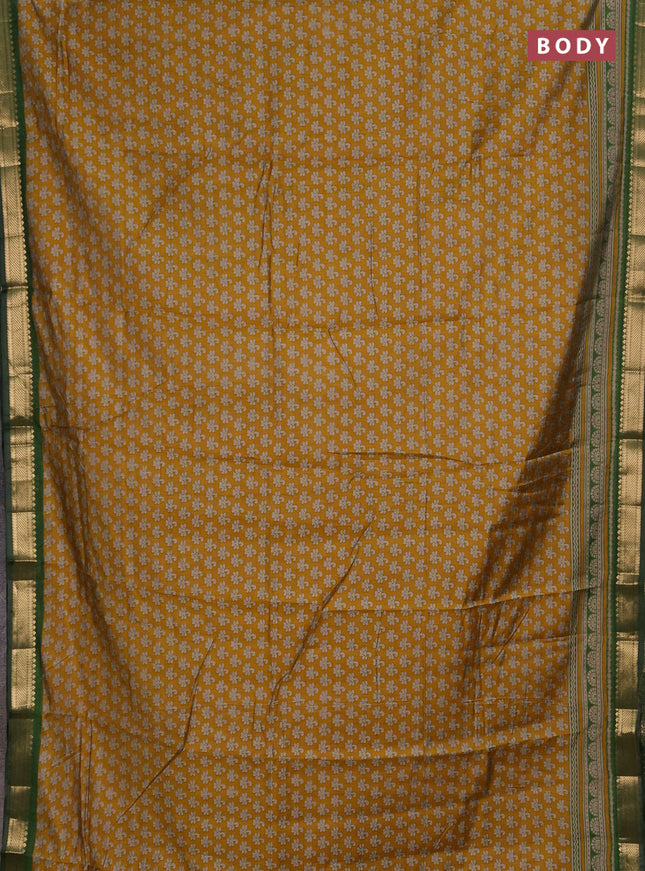 Semi maheshwari cotton saree mustard yellow and green with allover butta prints and zari woven border
