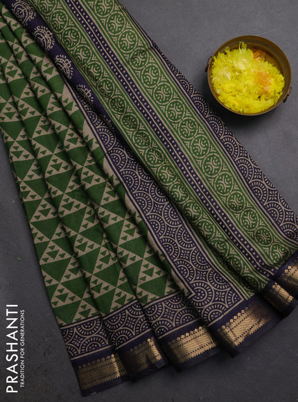 Semi maheshwari cotton saree green and navy blue with allover geometric prints and zari woven border