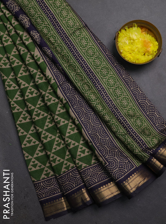 Semi maheshwari cotton saree green and navy blue with allover geometric prints and zari woven border