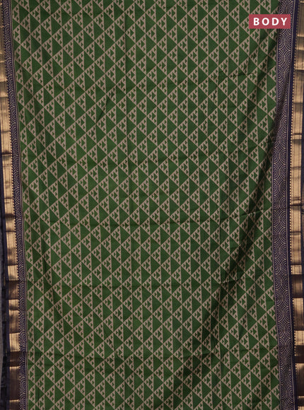 Semi maheshwari cotton saree green and navy blue with allover geometric prints and zari woven border