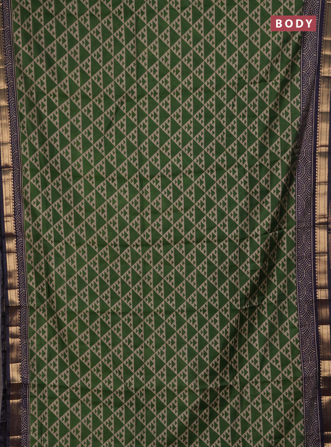 Semi maheshwari cotton saree green and navy blue with allover geometric prints and zari woven border