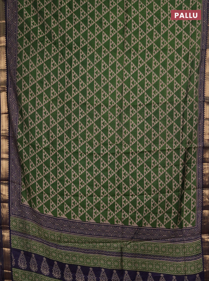 Semi maheshwari cotton saree green and navy blue with allover geometric prints and zari woven border