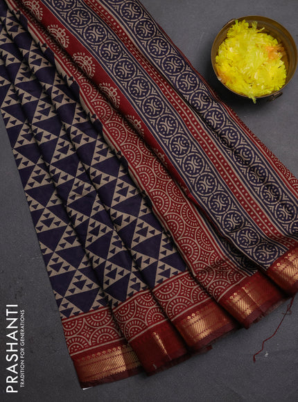 Semi maheshwari cotton saree navy blue and maroon with allover geometric prints and zari woven border