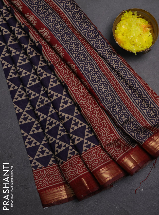 Semi maheshwari cotton saree navy blue and maroon with allover geometric prints and zari woven border