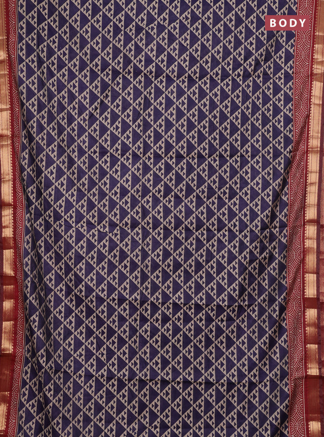 Semi maheshwari cotton saree navy blue and maroon with allover geometric prints and zari woven border