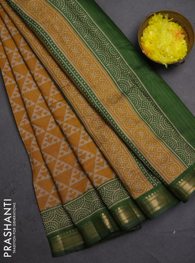 Semi maheshwari cotton saree mustard yellow and green with allover geometric prints and zari woven border