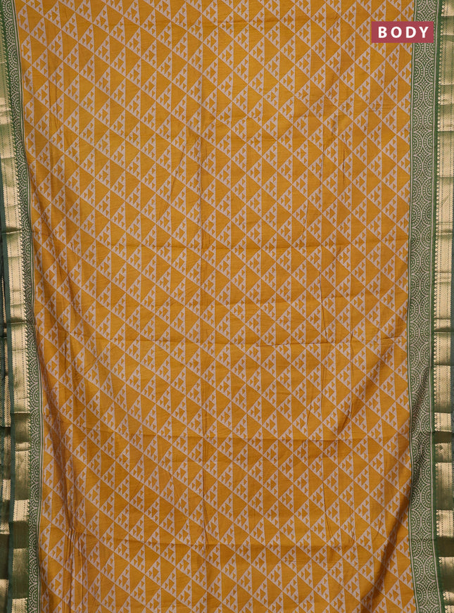 Semi maheshwari cotton saree mustard yellow and green with allover geometric prints and zari woven border