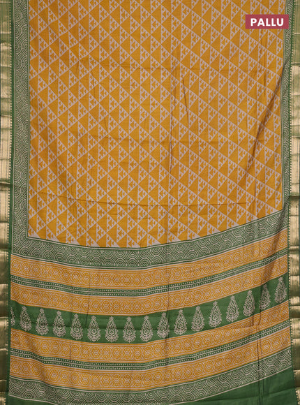 Semi maheshwari cotton saree mustard yellow and green with allover geometric prints and zari woven border